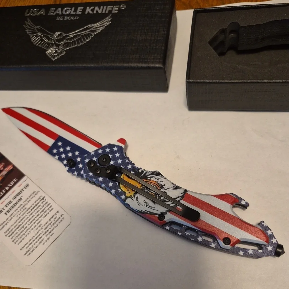PatriotAddict USA Eagle Knife Tactical Folding Drop Point Red White Blue